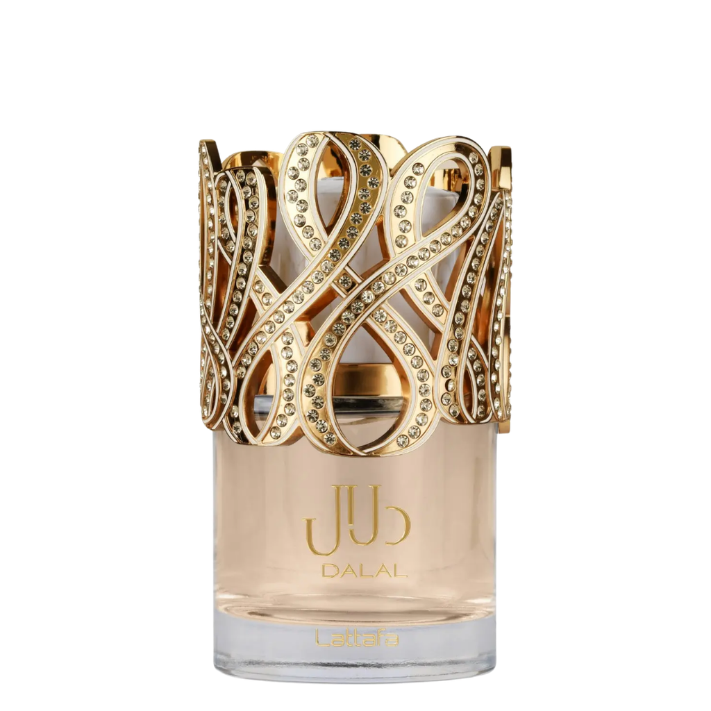 A bottle of Lattafa DALAL perfume with a wide, ornate gold collar embellished with rhinestones, set against a plain white background.