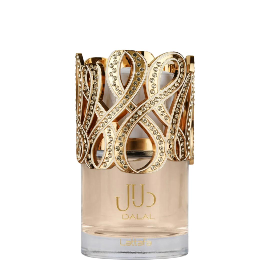 A bottle of Lattafa DALAL perfume with a wide, ornate gold collar embellished with rhinestones, set against a plain white background.