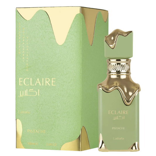 Eclaire Pistache perfume bottle and packaging on a white background