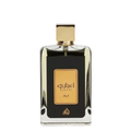 Perfume bottle with gold cap and black body on a white background. Lattafa Ejaazi Unisex Perfume