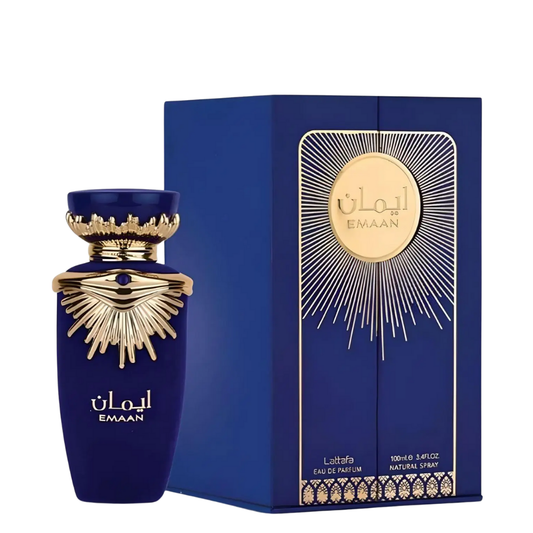 Blue perfume bottle with gold detailing and packaging on a white background. Lattafa Emaan Womens Perfume