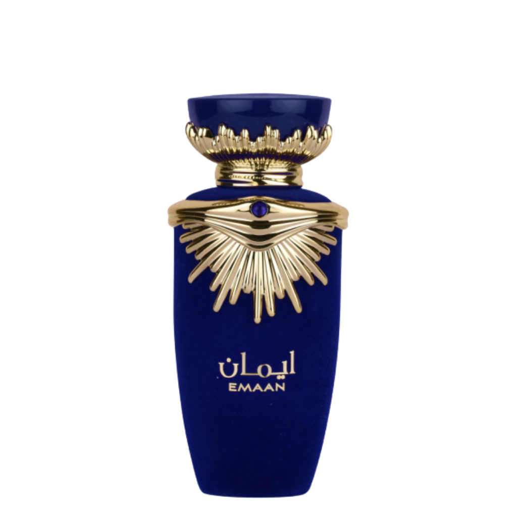A blue bottle of Emaan perfume with a gold cap and decorative elements on the label. Lattafa Emaan Womens Perfume