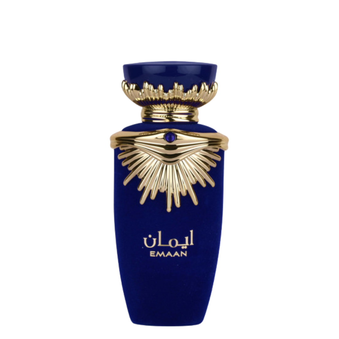 A blue bottle of Emaan perfume with a gold cap and decorative elements on the label. Lattafa Emaan Womens Perfume