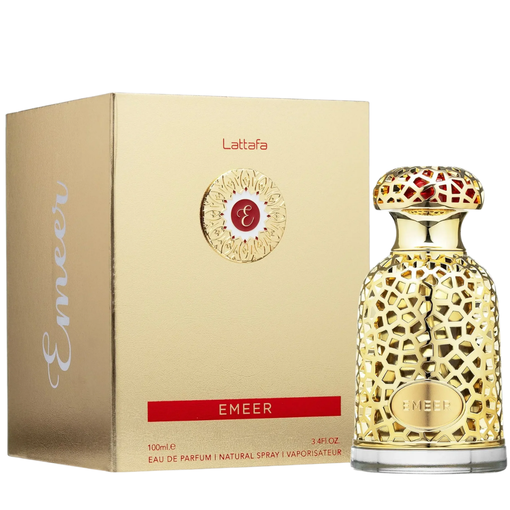 Lattafa Emeer Eau de Parfum bottle in gold with a red and gold patterned cap, shown next to its gold packaging box with a red accent band.