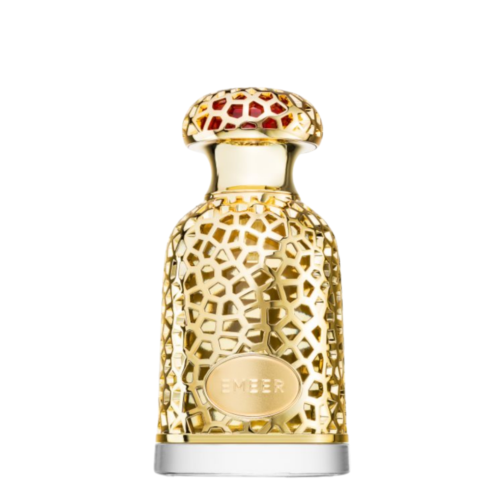 A luxury gold perfume bottle with an intricate geometric cutout pattern, featuring a red and gold patterned cap and a silver base. The brand name 'Emeer' is embossed on a gold oval plate on the front.