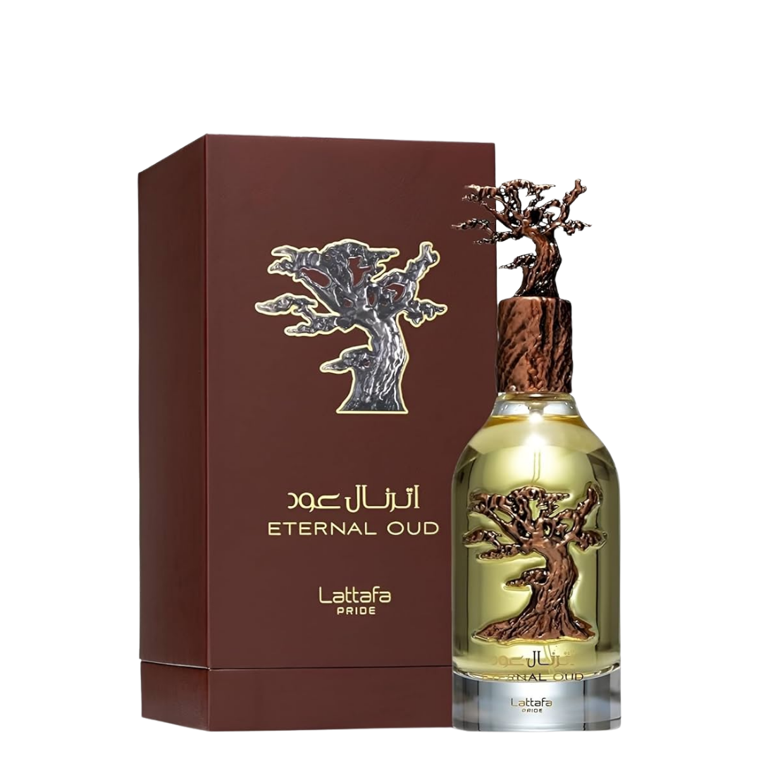 Lattafa Eternal Oud perfume bottle with a decorative tree cap next to its dark brown box, on a white background.