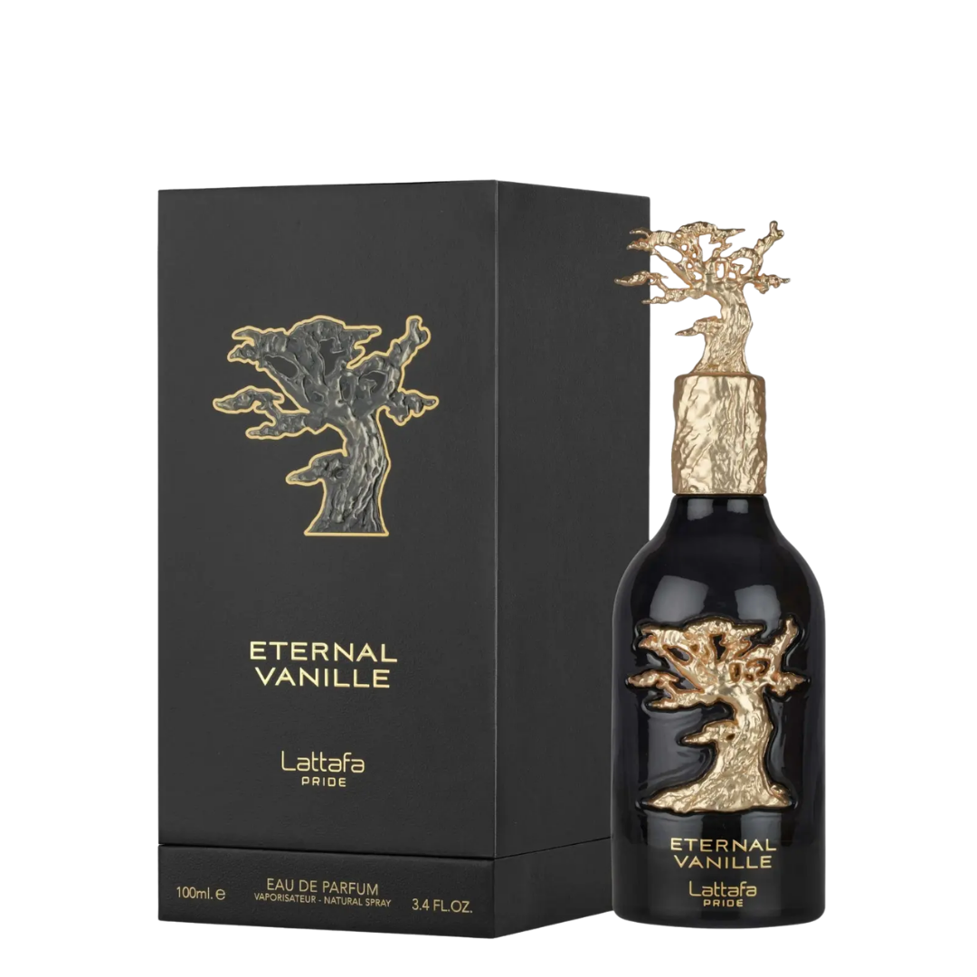 Lattafa Eternal Vanille Eau de Parfum bottle next to its black packaging box, both featuring a gold tree of life emblem and gold lettering on a white background.