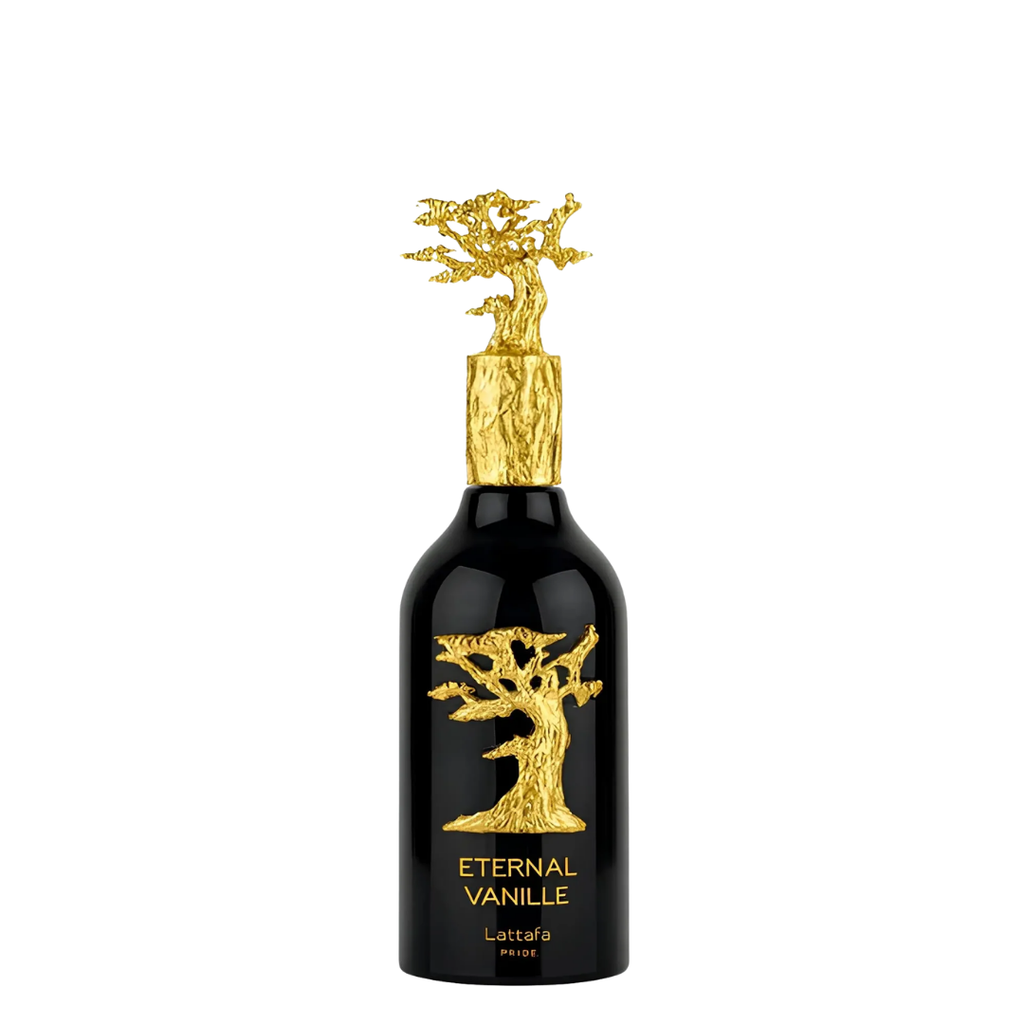 Lattafa Eternal Vanille perfume bottle, featuring a glossy black glass body with a textured gold tree of life emblem and matching gold lettering, topped with a sculpted gold cap resembling a tree trunk, set against a plain white background.