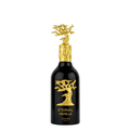 Lattafa Eternal Vanille perfume bottle, featuring a glossy black glass body with a textured gold tree of life emblem and matching gold lettering, topped with a sculpted gold cap resembling a tree trunk, set against a plain white background.
