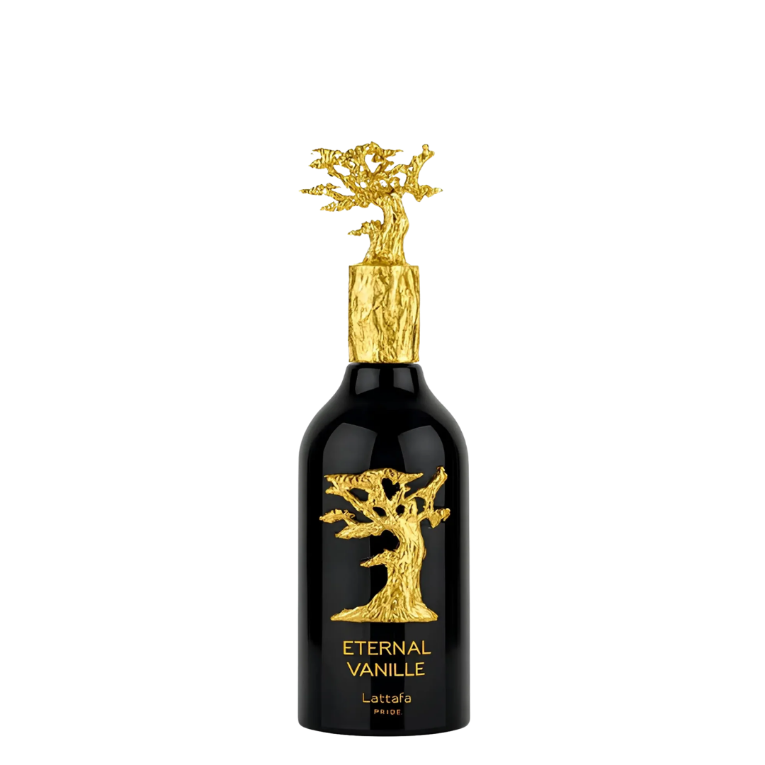 Lattafa Eternal Vanille perfume bottle, featuring a glossy black glass body with a textured gold tree of life emblem and matching gold lettering, topped with a sculpted gold cap resembling a tree trunk, set against a plain white background.