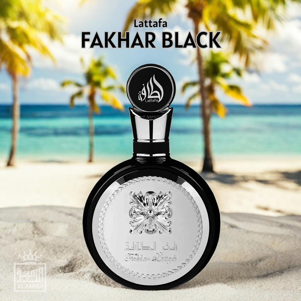 Lattafa Fakhar Black perfume bottle on a beach with palm trees and blue sky. 