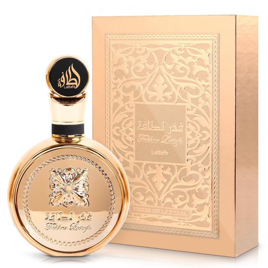 Lattafa Fakhar Extrait perfume – elegant gold bottle and matching ornate gift box, opulent unisex fragrance with long-lasting scent. Clone / dupe of / inspired by Paco Rabanne - 1 Million Parfum perfume.