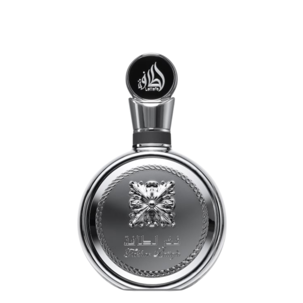 A silver metallic perfume bottle with a circular base and a black spherical cap featuring white Arabic calligraphy, shown on a plain white background. Lattafa: Fakhar Platin