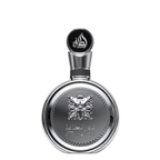 A silver metallic perfume bottle with a circular base and a black spherical cap featuring white Arabic calligraphy, shown on a plain white background. Lattafa: Fakhar Platin
