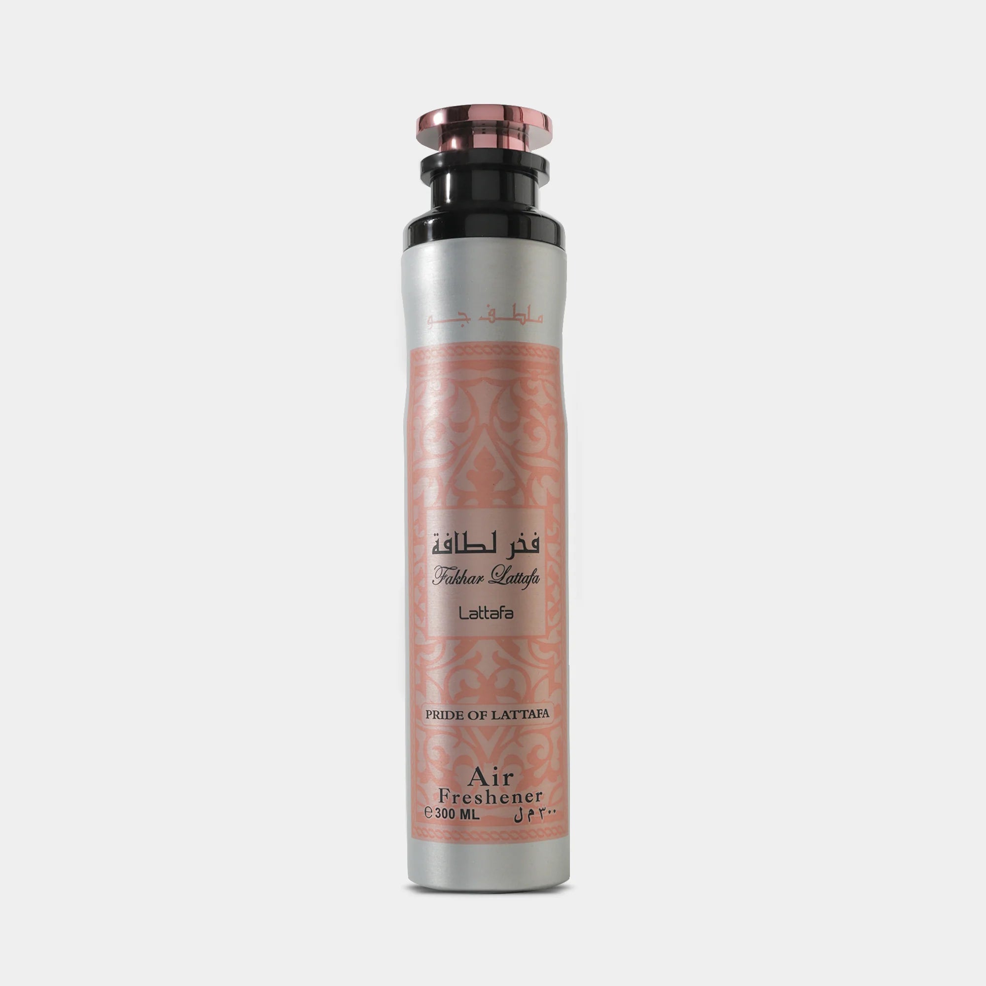A bottle of Fakhar Rose perfume from Lattafa, with a rose gold cap and label featuring an intricate design. 