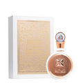 A bottle of Fakhar Rose perfume from Lattafa, with a rose gold cap and label featuring an intricate design.  Lattafa Fakhar Eau de Parfum in luxurious white and gold packaging, showcasing intricate embossed Arabic design and round bottle with rose-gold detailing.