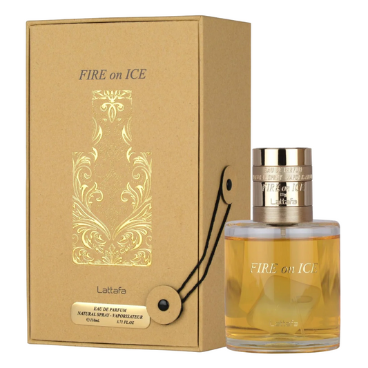 Perfume bottle and packaging of 'FIRE on ICE' by Lattafa on a white background