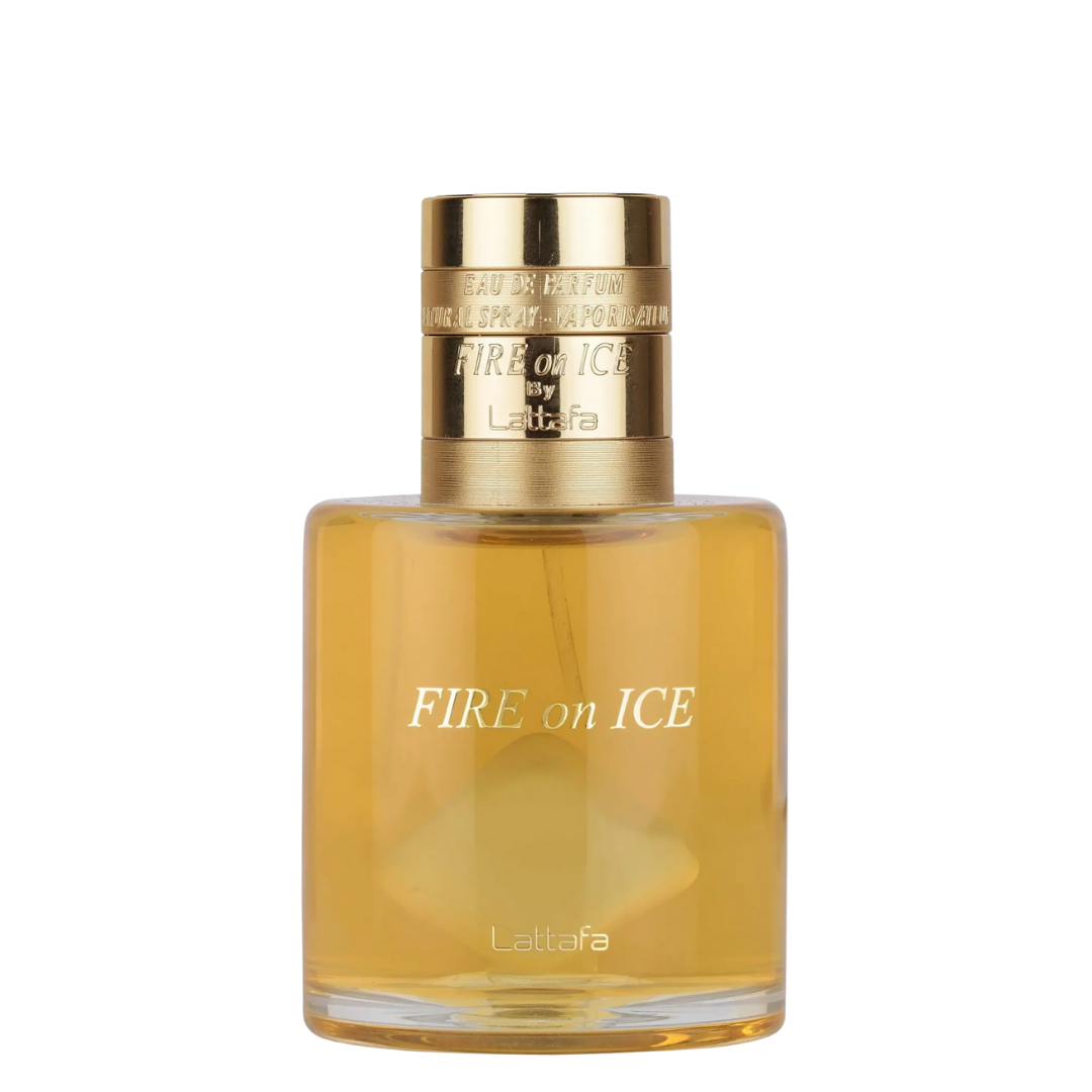 Perfume bottle labeled 'Fire on Ice' by Lattafa on a white background