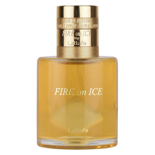 Perfume bottle labeled 'Fire on Ice' by Lattafa on a white background