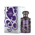 A bottle of Habik Lattafa Eau de Parfum next to its retail box. The bottle is purple glass with an ornate silver metal cage and a silver cap, while the box is white and purple with silver patterns.