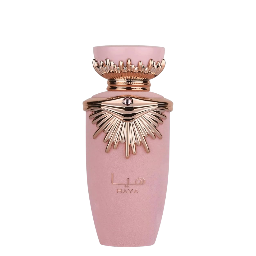 A bottle of Haya Perfume by Lattafa with a pink and gold color scheme.