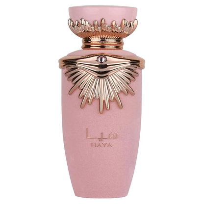 A bottle of Haya Perfume by Lattafa with a pink and gold color scheme.