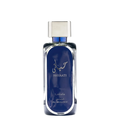 A bottle of Hayaati Al Maleky perfume with a blue label and a clear cap, displaying the Lattafa brand.