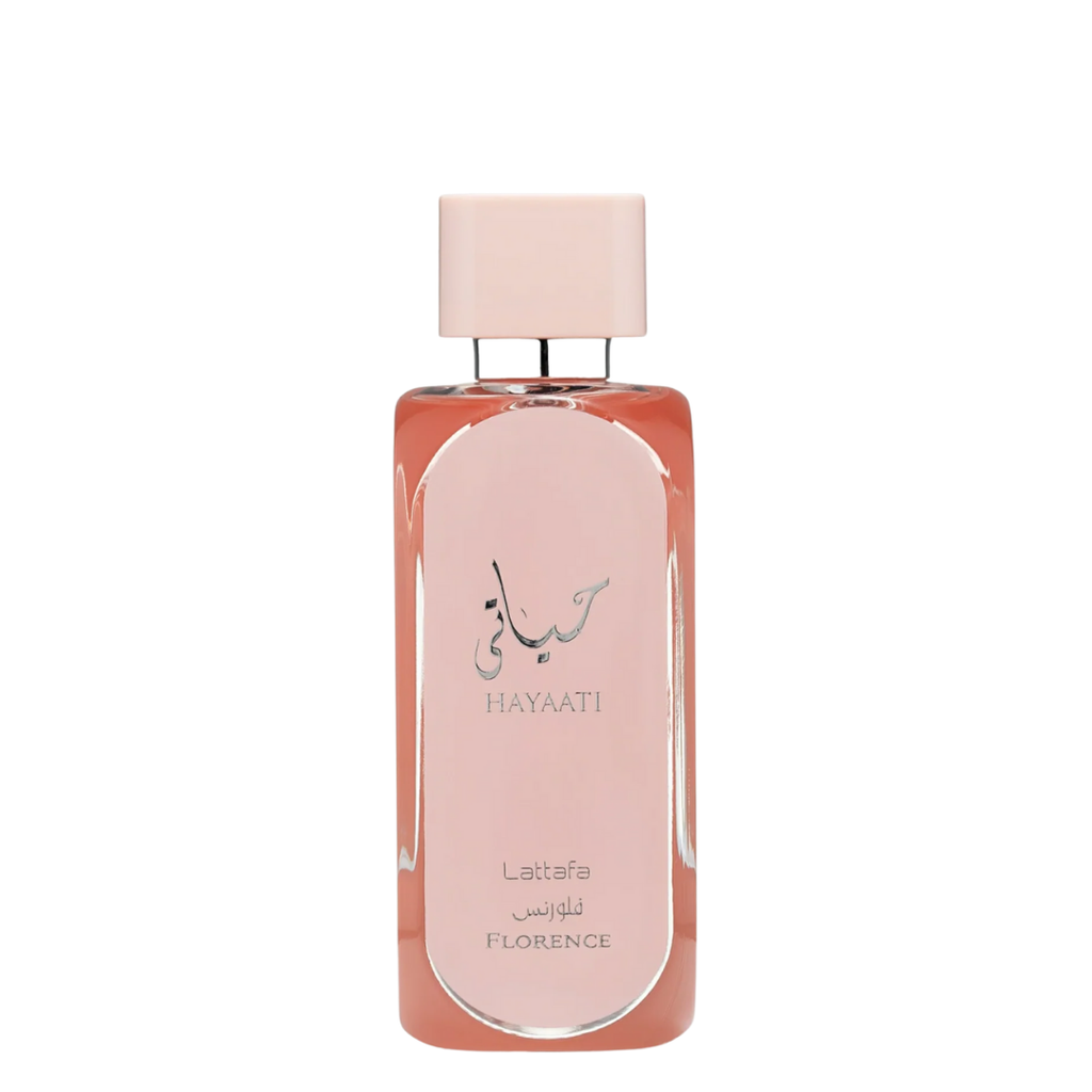 A bottle of Hayaati Florence Perfume by Lattafa with a pink label and a clear cap, containing the EDP fragrance.