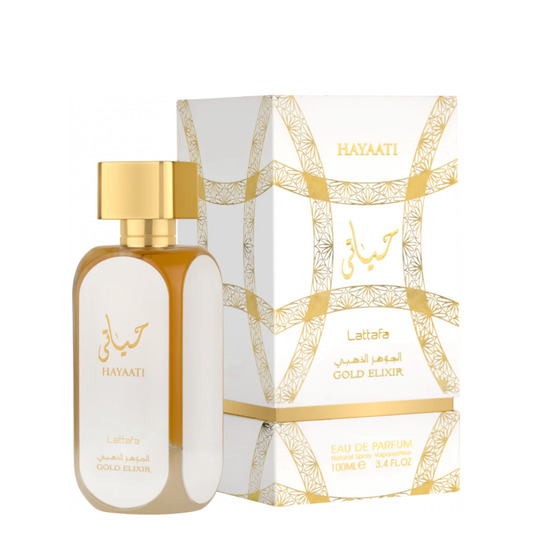 Perfume bottle and packaging with gold and white design. Lattafa Hayaati Gold Elixir Unisex Perfume