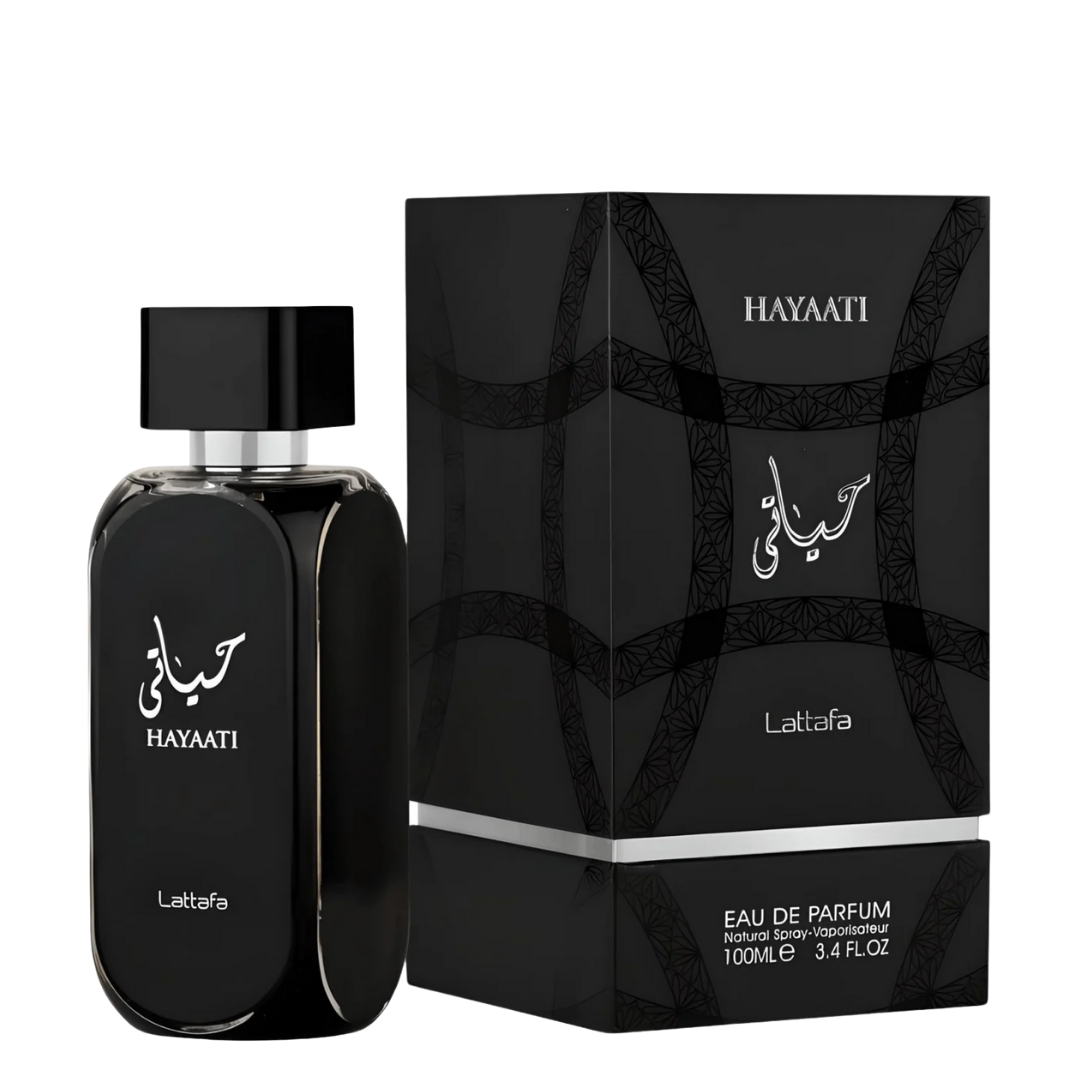 Black perfume bottle and packaging on white background. Lattafa Hayaati Unisex Perfume