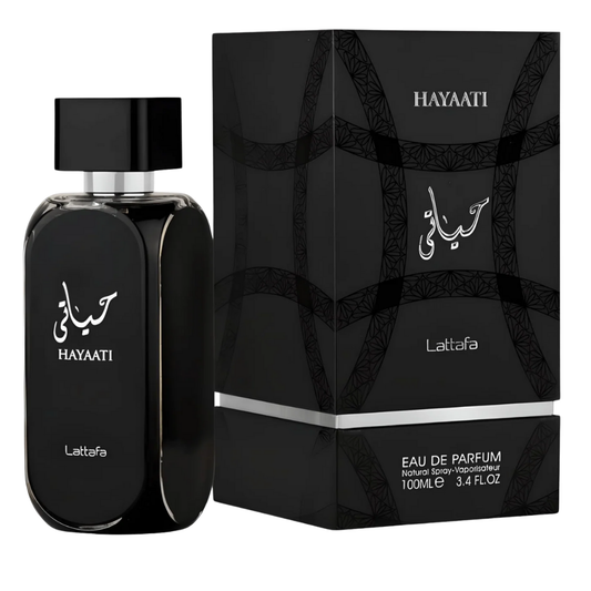Black perfume bottle and packaging on white background. Lattafa Hayaati Unisex Perfume