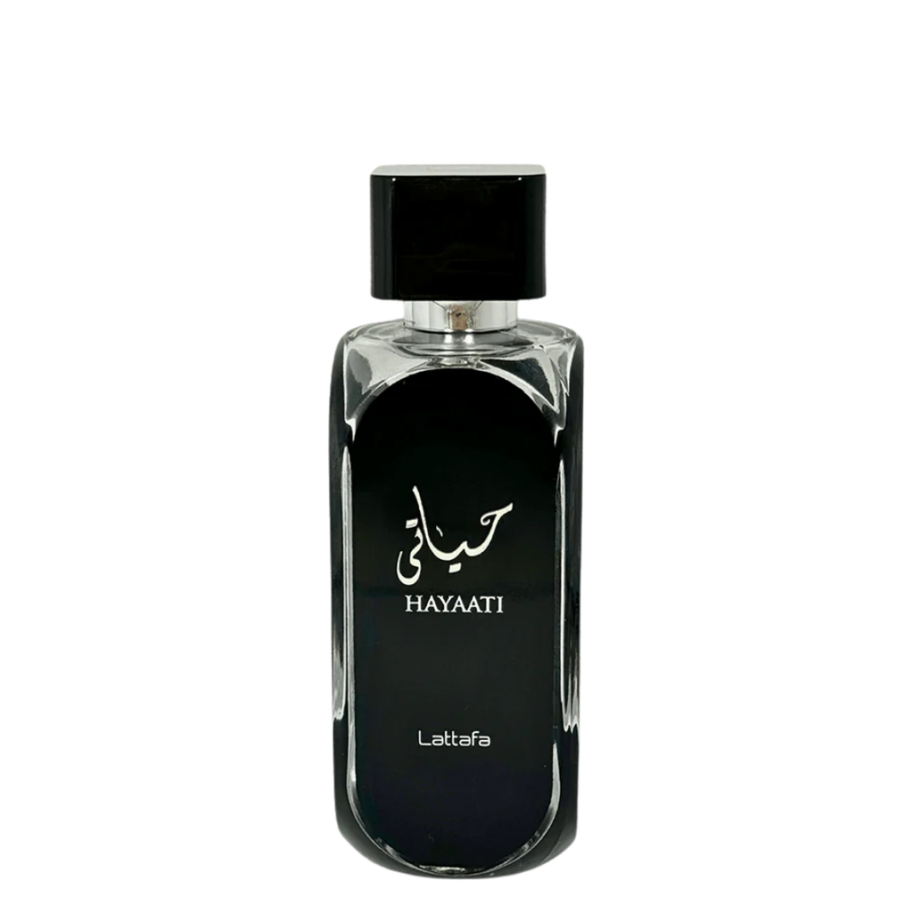A black bottle of Hayaati Eau de Parfum by Lattafa Perfumes with white and silver text indicating the name and brand.