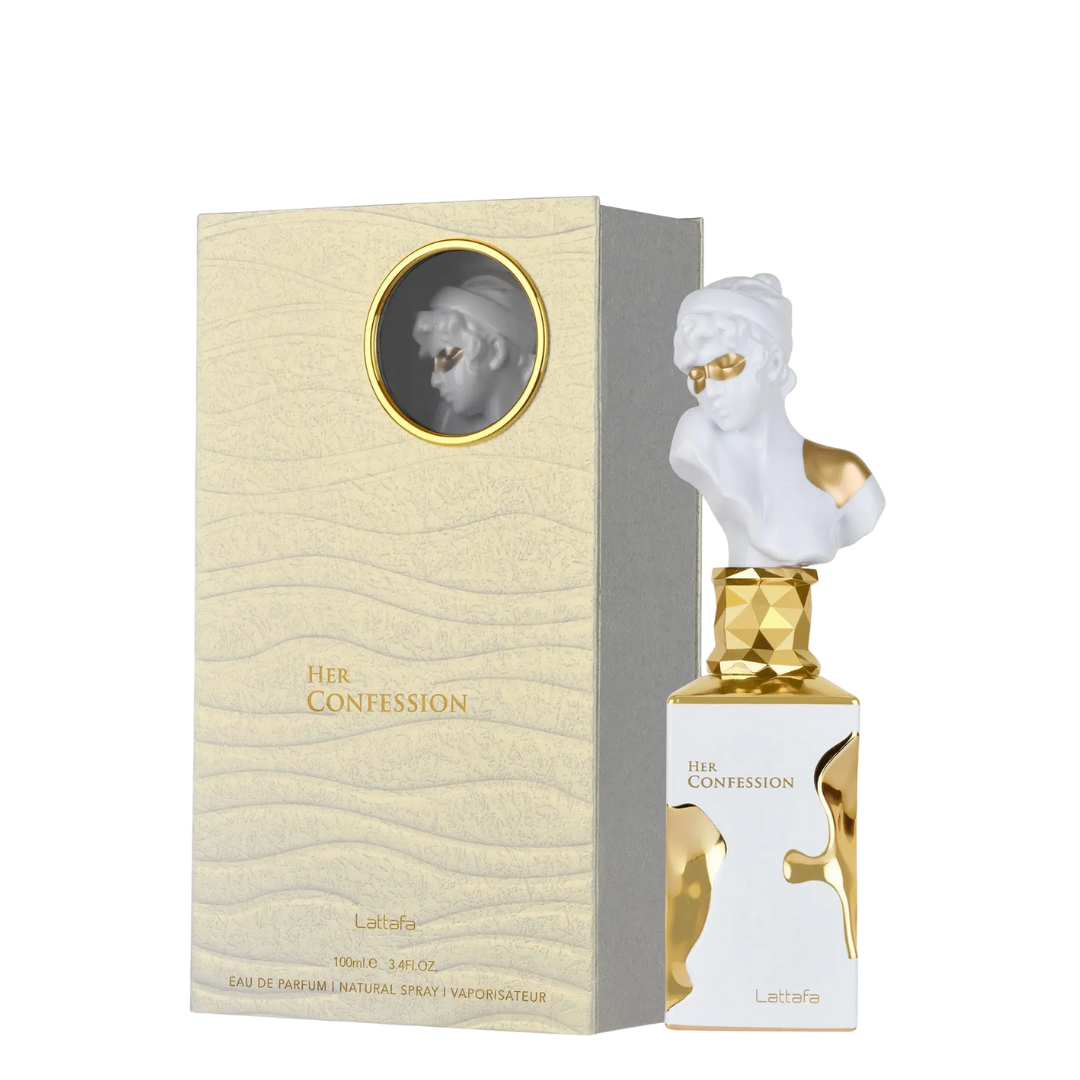Perfume bottle and packaging of 'Her Confession' by Lattafa on a white background.