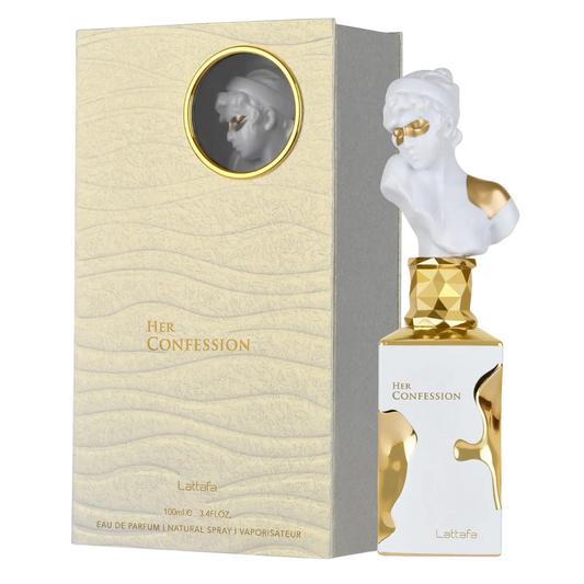 Perfume bottle and packaging of 'Her Confession' by Lattafa on a white background.