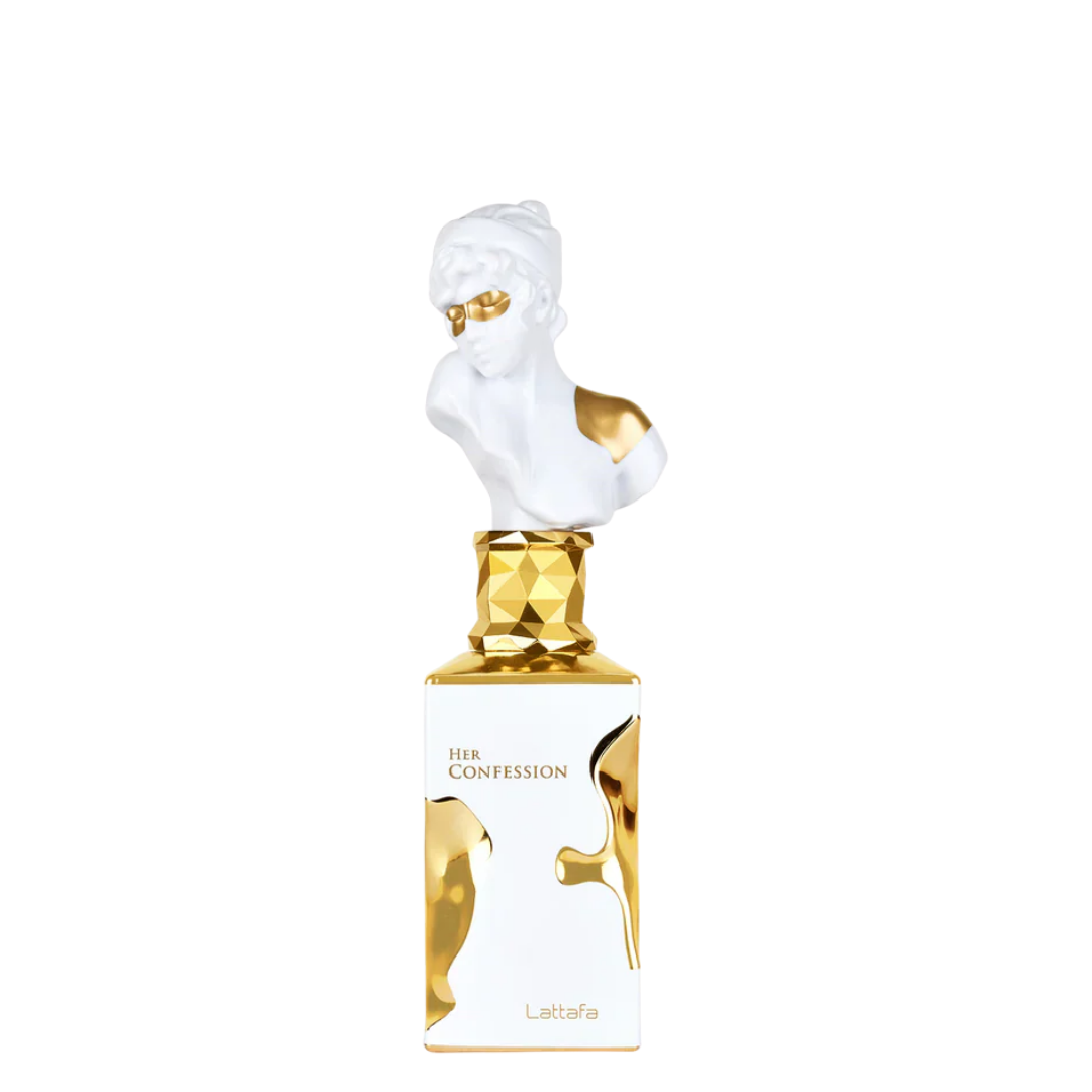 Perfume bottle with classical bust design on a white background. Lattafa Her Confession Womens Perfume.