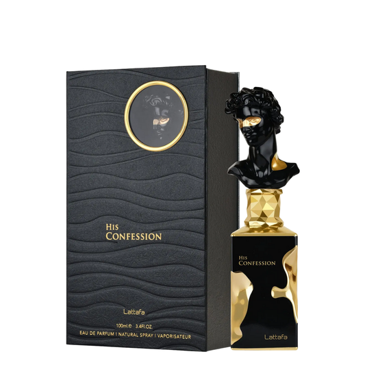 Lattafa 'His Confession' perfume bottle and packaging on a white background. Lattafa Perfumes.