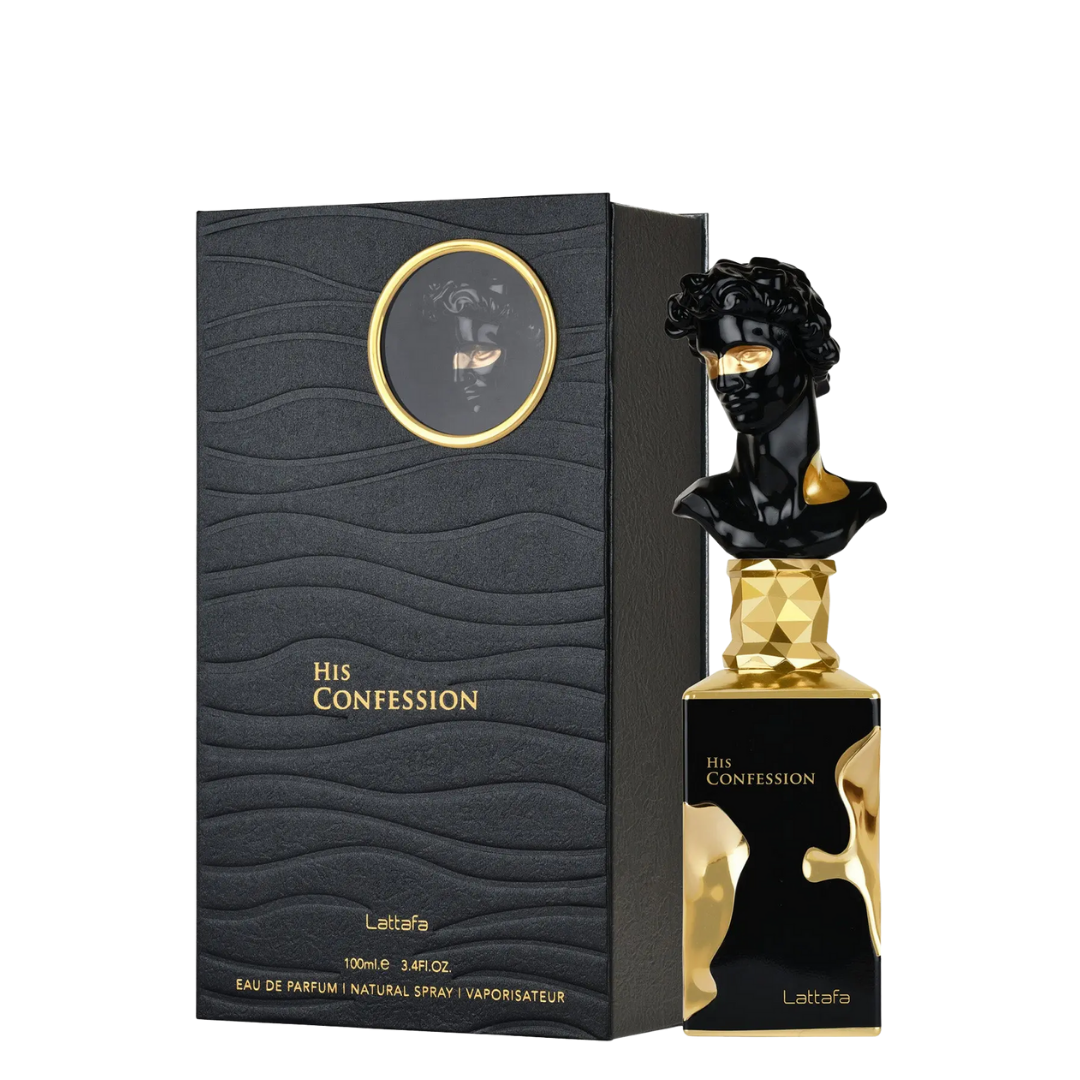 Lattafa 'His Confession' perfume bottle and packaging on a white background. Lattafa Perfumes.