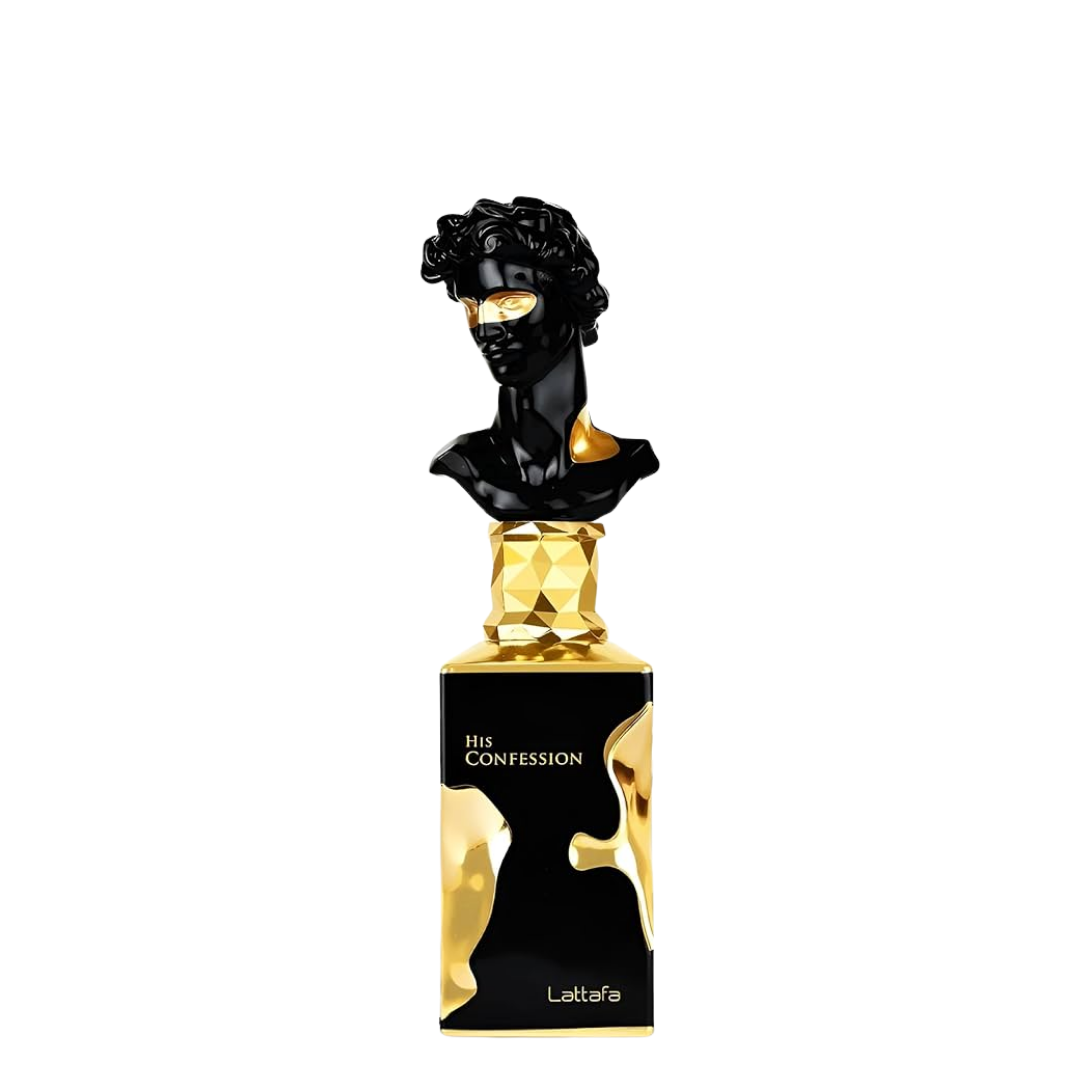 Perfume bottle with classical bust design on a white background. Lattafa His Confession Mens Perfume.