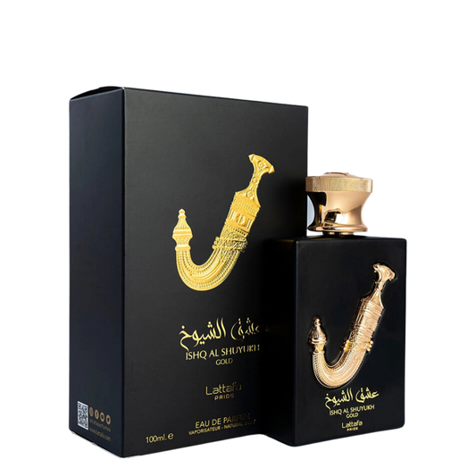 Black and gold perfume bottle with packaging on a white background. Lattafa Ishq Al Shuyukh Gold Unisex Perfume