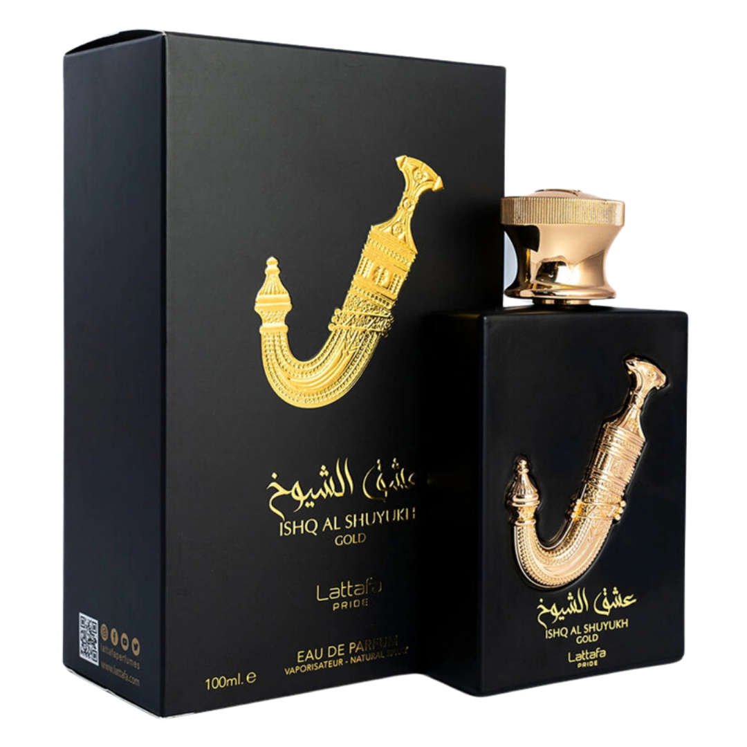 Black and gold perfume bottle with packaging on a white background. Lattafa Ishq Al Shuyukh Gold Unisex Perfume