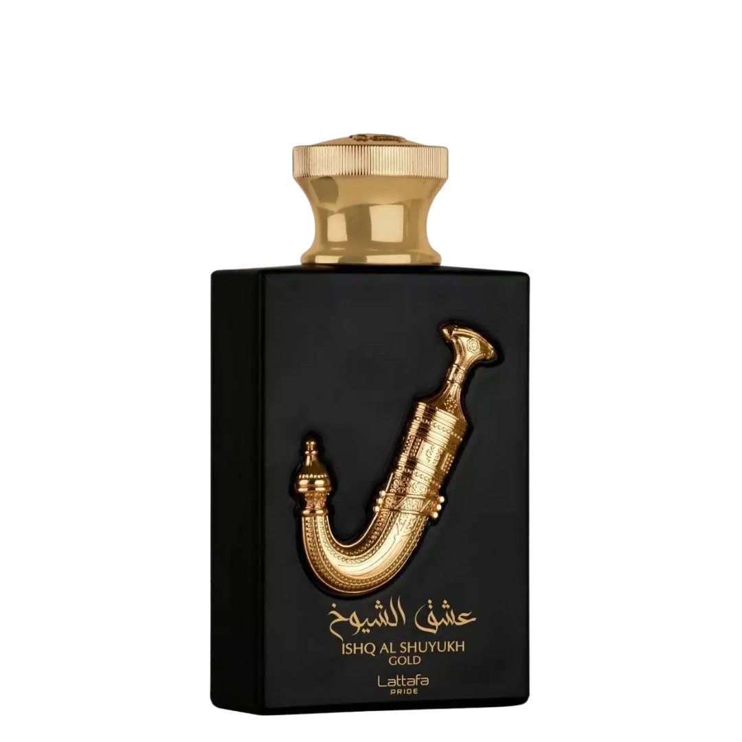 Perfume bottle with gold cap and decorative element on a black background. Lattafa Ishq Al Shuyukh Gold Unisex Perfume