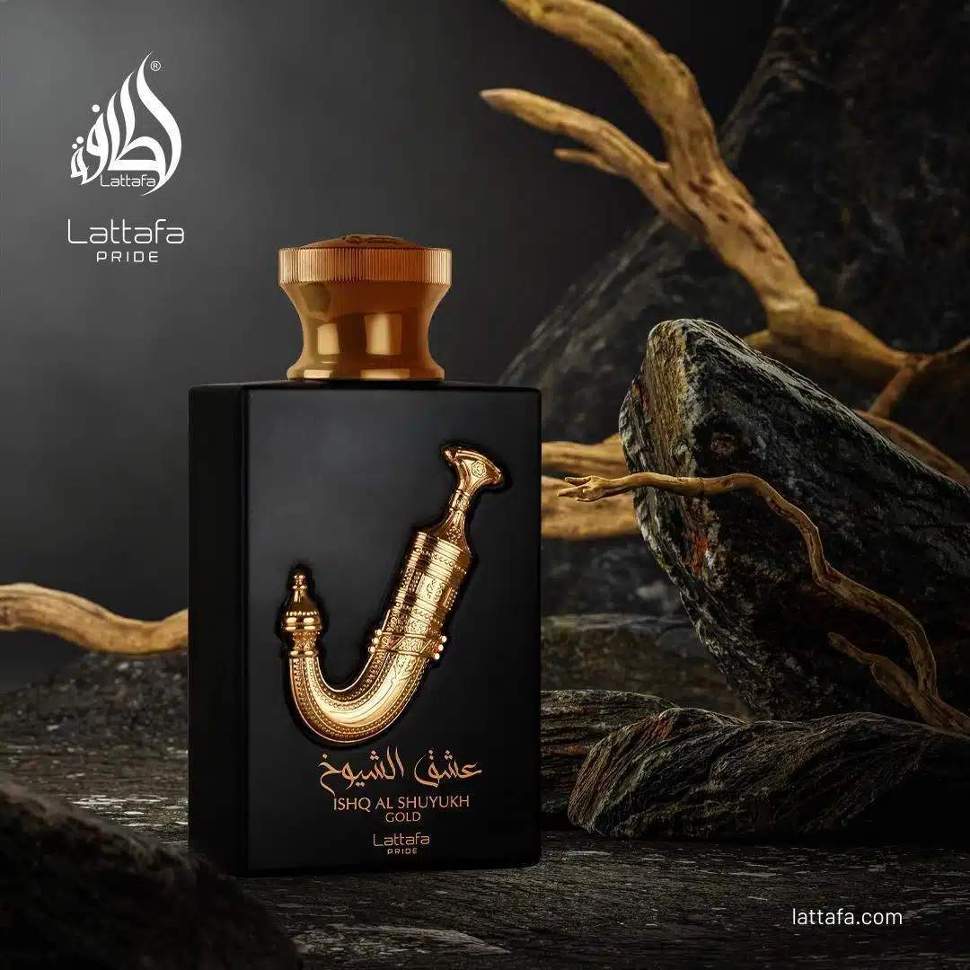 Lattaafa perfume bottle with gold accents on a dark background. Lattafa Ishq Al Shuyukh Gold Unisex Perfume