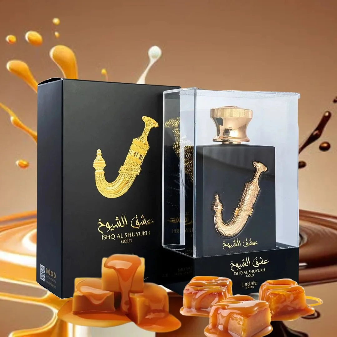 Perfume bottle and packaging with gold accents on a brown background. Lattafa Ishq Al Shuyukh Gold Unisex Perfume