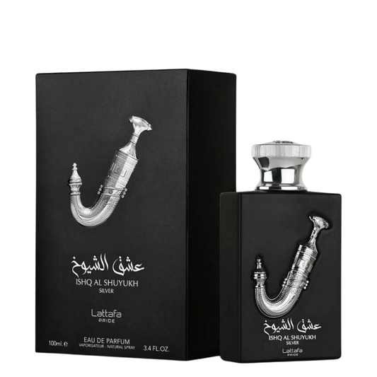 Black perfume bottle and packaging of Ishq Al Shuyukh with silver accents on a white background