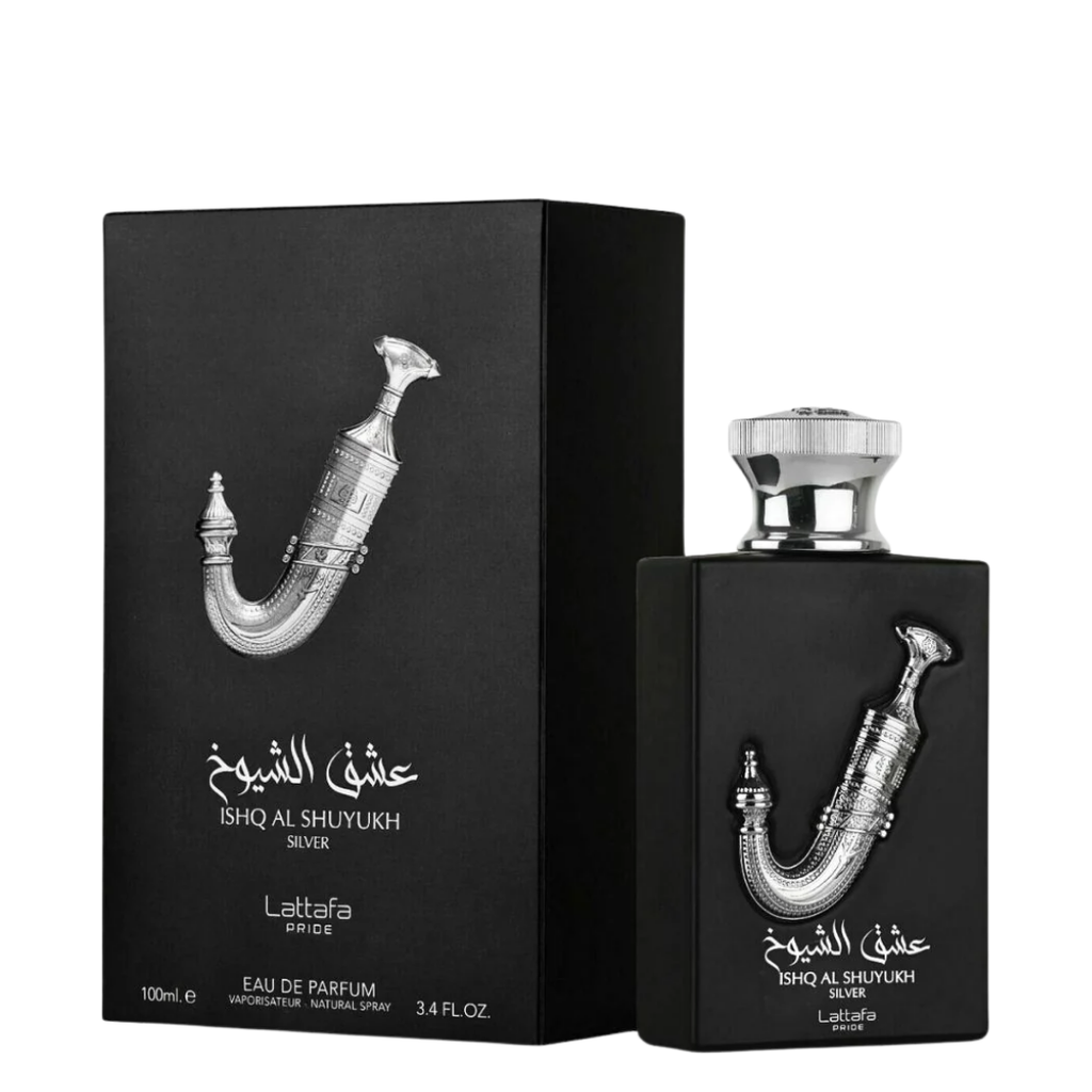 Black perfume bottle and packaging of Ishq Al Shuyukh with silver accents on a white background