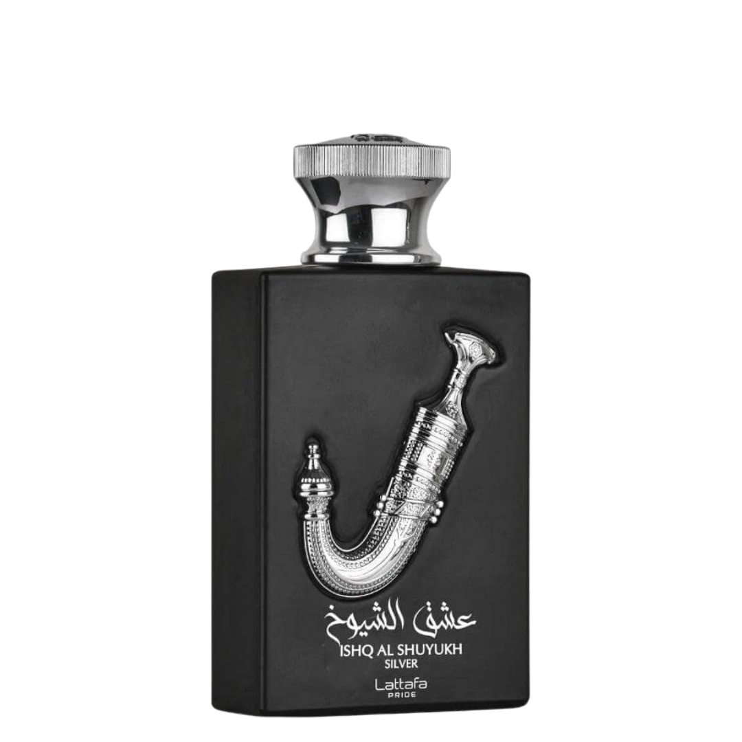 Black perfume bottle with silver design and 'Lattafa' branding on a white background. Lattafa Ishq Al Shuyukh Silver Unisex Perfume