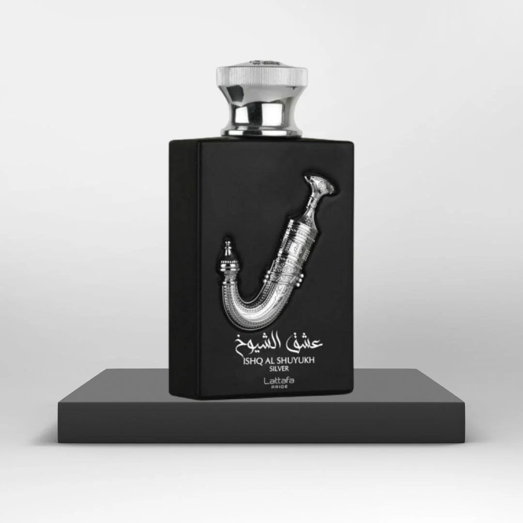 Black perfume bottle with silver cap on a white background. Lattafa Ishq Al Shuyukh Silver Unisex Perfume