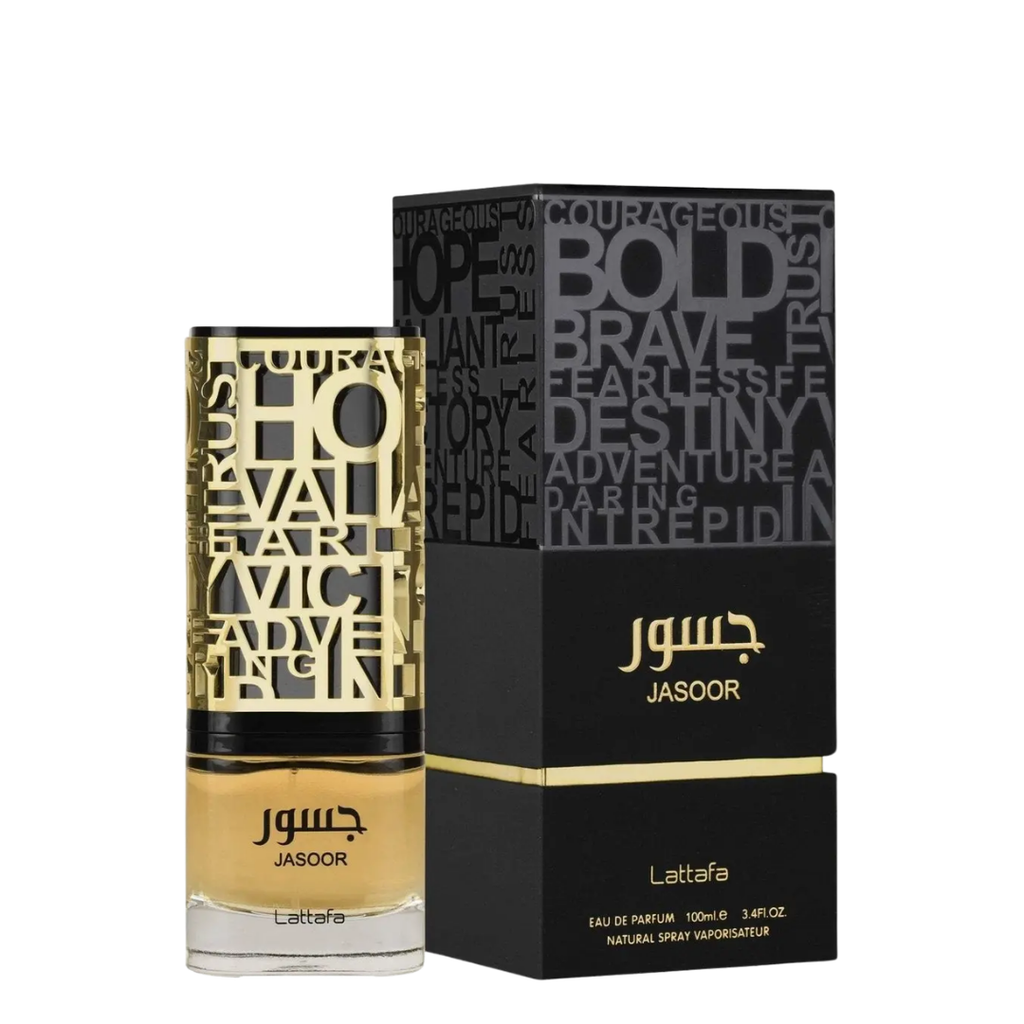 Jasoor Lattafa perfume bottle and its black packaging box with gold lettering, shown on a plain white background.