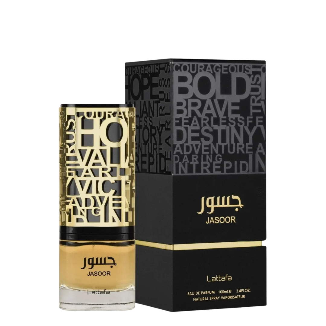 Jasoor Lattafa perfume bottle and its black packaging box with gold lettering, shown on a plain white background.