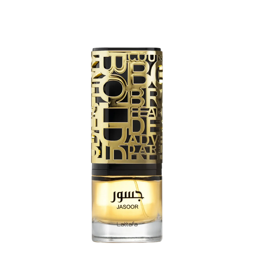 Jasoor by Latafa perfume bottle with a gold and black patterned cap and a clear glass base showing golden liquid inside, on a white background.